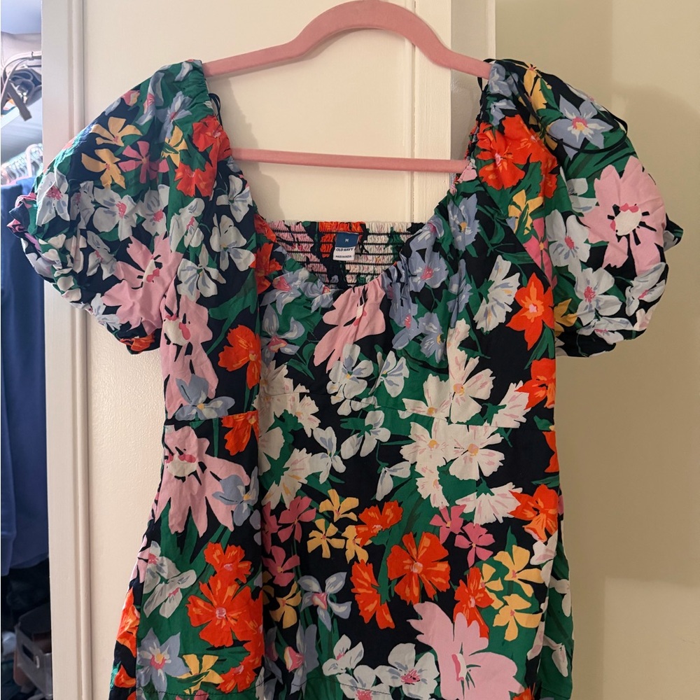 OLD NAVY Floral Puff-Sleeve Midi Dress - Black Base with Multicolor Blooms Sz MD